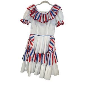 VTG Spanish Flamenco Dress Red White Blue Striped Ruffle Heritage Puerto Rico S